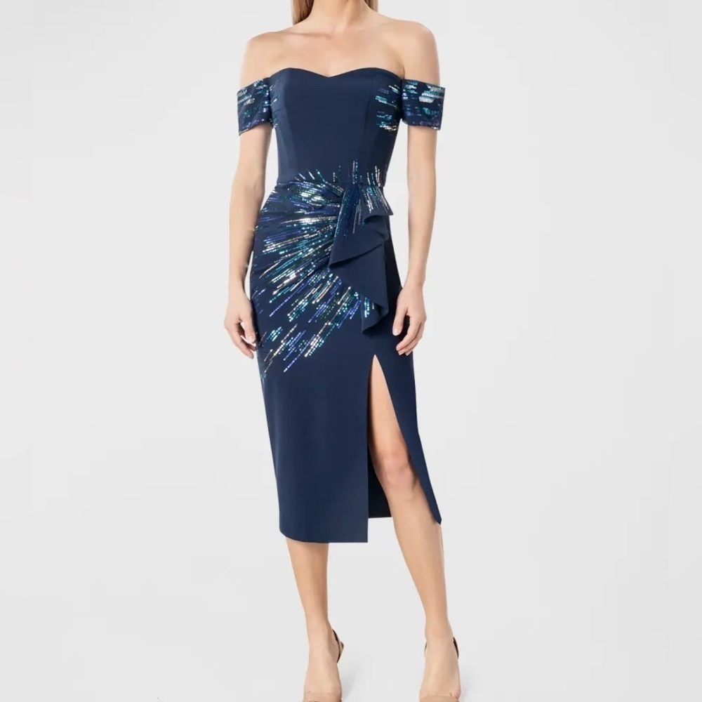 Dress The Population | Alani Off-the-Shoulder Sequin Midi Dress | Size Small